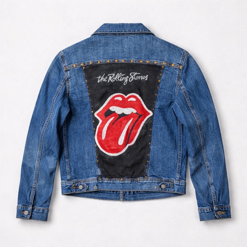 Women’s Hand Painted Rolling Stones Inspired Denim Jacket – Studded